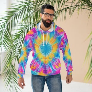 Colorful tie-dye hoodie, rainbow sweatshirt for men or women, boho festival hoodie, casual hoodie, fun gift for him or her