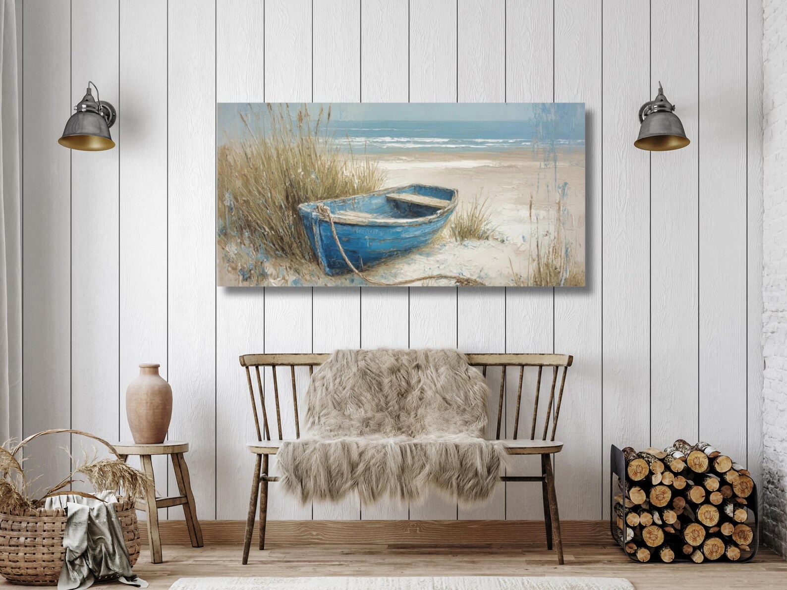 Coastal Blue Boat Canvas Wall Art, Beach Scene Painting With Ocean View ...