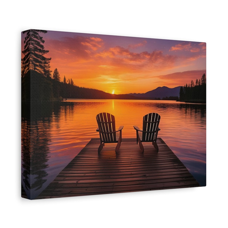 Sunset Lake Canvas Wall Art, Serene Dock With Adirondack Chairs, Warm ...