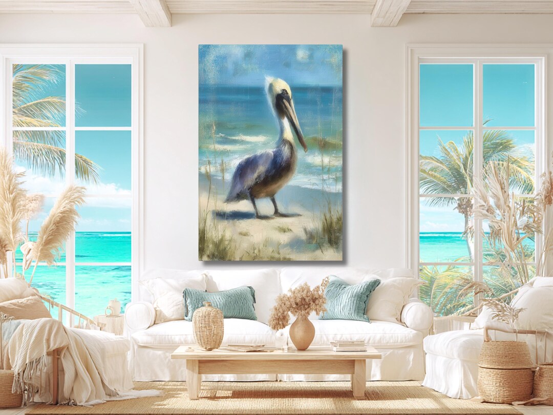 Pelican Beach Canvas Art, Coastal Bird Wall Art, Ocean Wildlife ...