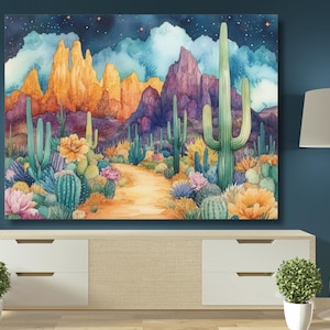Desert Cactus Landscape Canvas, Vibrant Southwest Wall Art, Colorful Desert Decor, Western Nature Print, Boho Home Decor