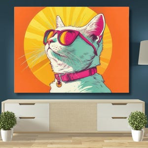 Cool Cat Wall Art, Sunglasses Kitty Canvas Print, Fun Pop Art Decor, Gift for Cat Lovers, Bold Home or Office Wall Art