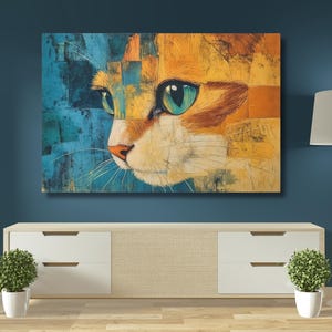 Abstract Cat Wall Art, Colorful Feline Canvas Print, Modern Cat Portrait Decor, Gift for Cat Lovers, Bold Home or Office Wall Art