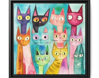 Framed Colorful cat wall art, whimsical cat painting, vibrant feline decor, gift for cat lovers, quirky pet artwork, playful home accent