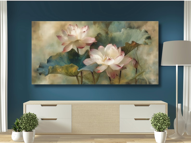 Elegant Lotus Flower Wall Art, Vintage Botanical Canvas Print, Tranquil ...