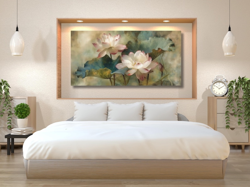 Elegant Lotus Flower Wall Art, Vintage Botanical Canvas Print, Tranquil ...