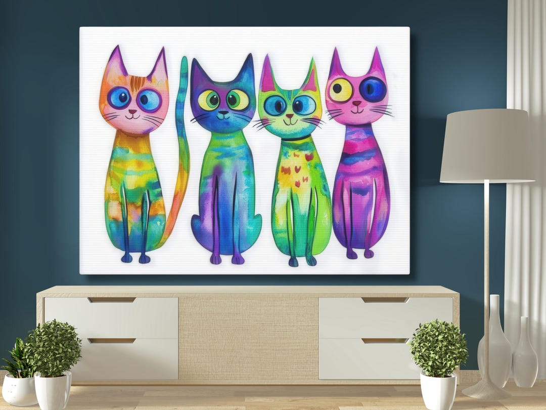 Colorful Cat Wall Art, Rainbow Kitten Painting, Playful Cat Lover Gift ...