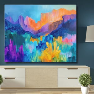 Colorful Desert Landscape Canvas, Abstract Mountain Wall Art, Vibrant Southwest Painting, Modern Nature Decor, Boho Wall Art