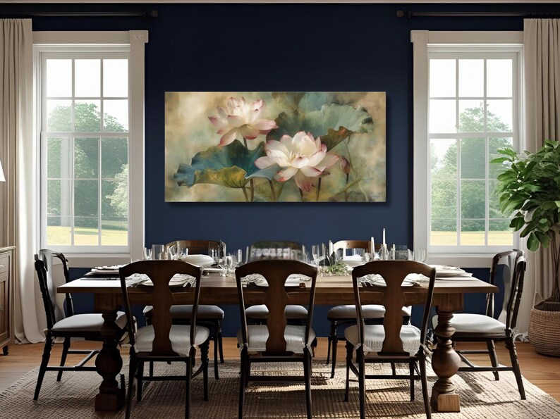 Elegant Lotus Flower Wall Art, Vintage Botanical Canvas Print, Tranquil ...