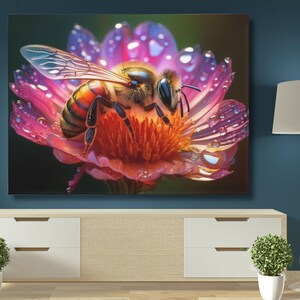Bee on Flower Canvas, vibrant nature artwork, colorful bee print, botanical wall decor, honeybee and floral art, perfect for home decor