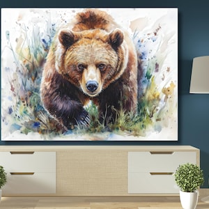 Grizzly bear canvas print, art, Matte Stretched Wall Art Decor, Wildlife Animal Painting, Rustic Home Cabin Decor