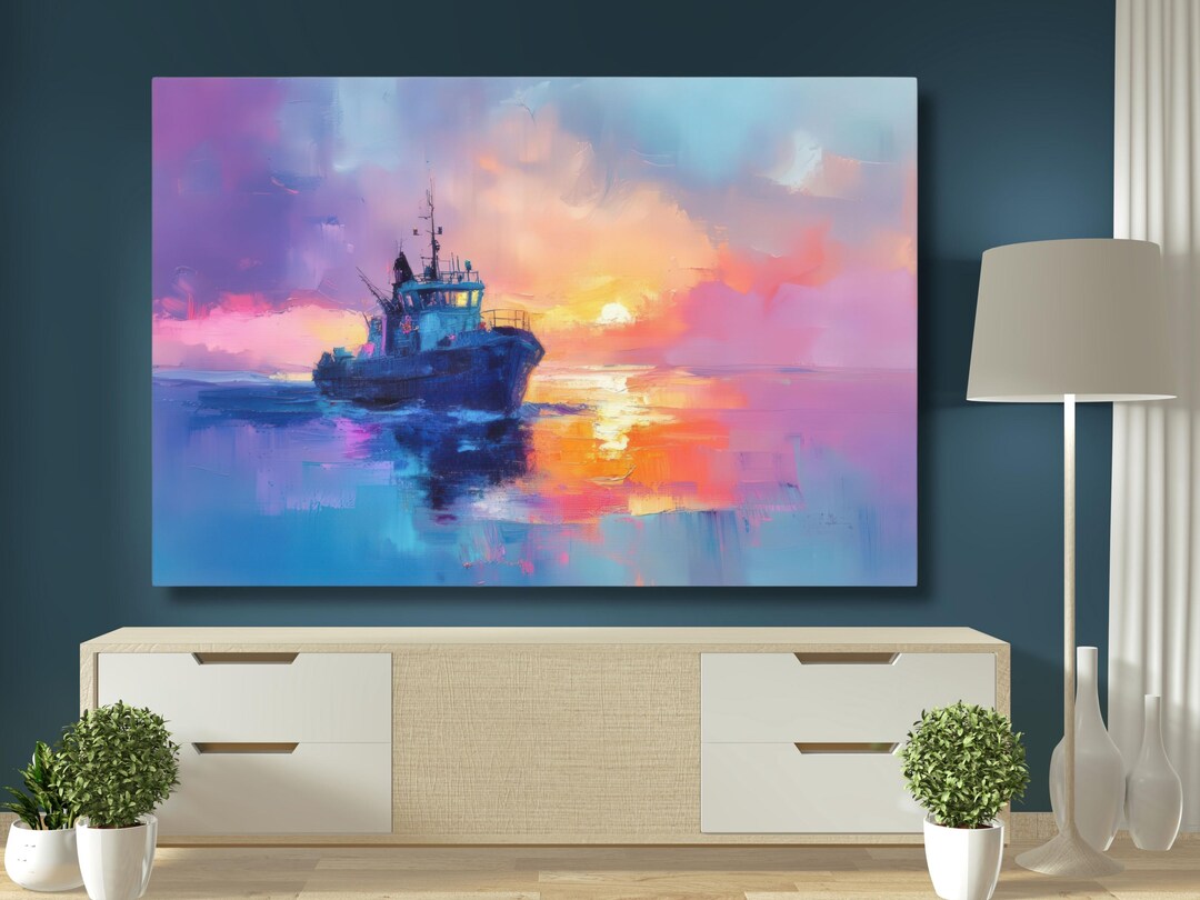 Fishing Boat Sunset Wall Art, Colorful Ocean Canvas Print, Nautical ...