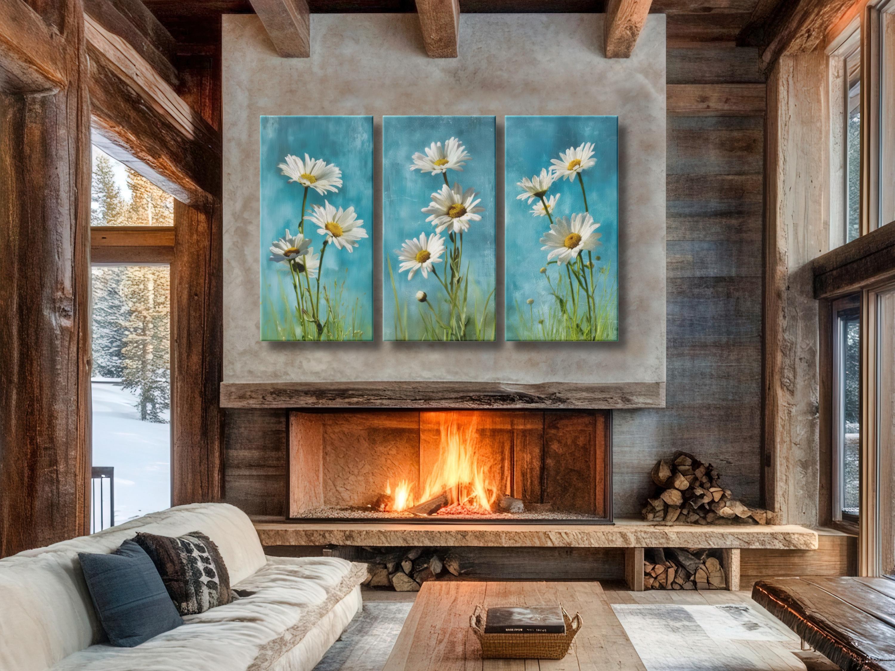 Daisy Flower Triptych, Blue Sky Floral Canvas Wall Art, 3 Panel ...