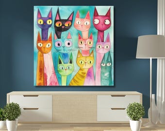 Colorful cat wall art, whimsical cat painting, vibrant feline decor, gift for cat lovers, quirky pet artwork, playful home accent