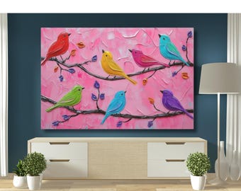 Colorful Bird Canvas Wall Art Print, Cheerful Home Decor, Gift for Bird and Nature Lovers, Whimsical Colorful Bird Painting