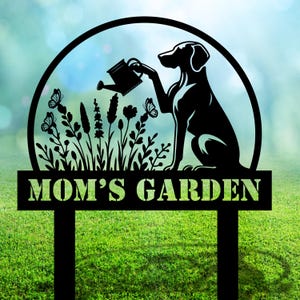 Custom Metal Garden Sign with Dog and Flowers, Personalized Yard Sign, Die Cut Metal Garden Stake,  Gift for Gardeners or a Pet Memorial
