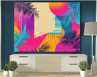 Retro Tropical Aesthetic Canvas, Vibrant 80s Sunset Wall Art, Neon Miami Decor, Palm Tree Abstract Print