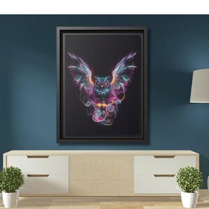Framed Mystical Owl Canvas Art Print, Owl Lover Decor, Neon Owl Wall Art,  Vibrant Fantasy Animal Decor,  Dark Background Canvas