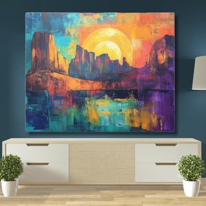 Vibrant Desert Sunset Canvas, Abstract Southwest Wall Art, Colorful Landscape Painting, Bold Nature Decor, Modern Boho Art