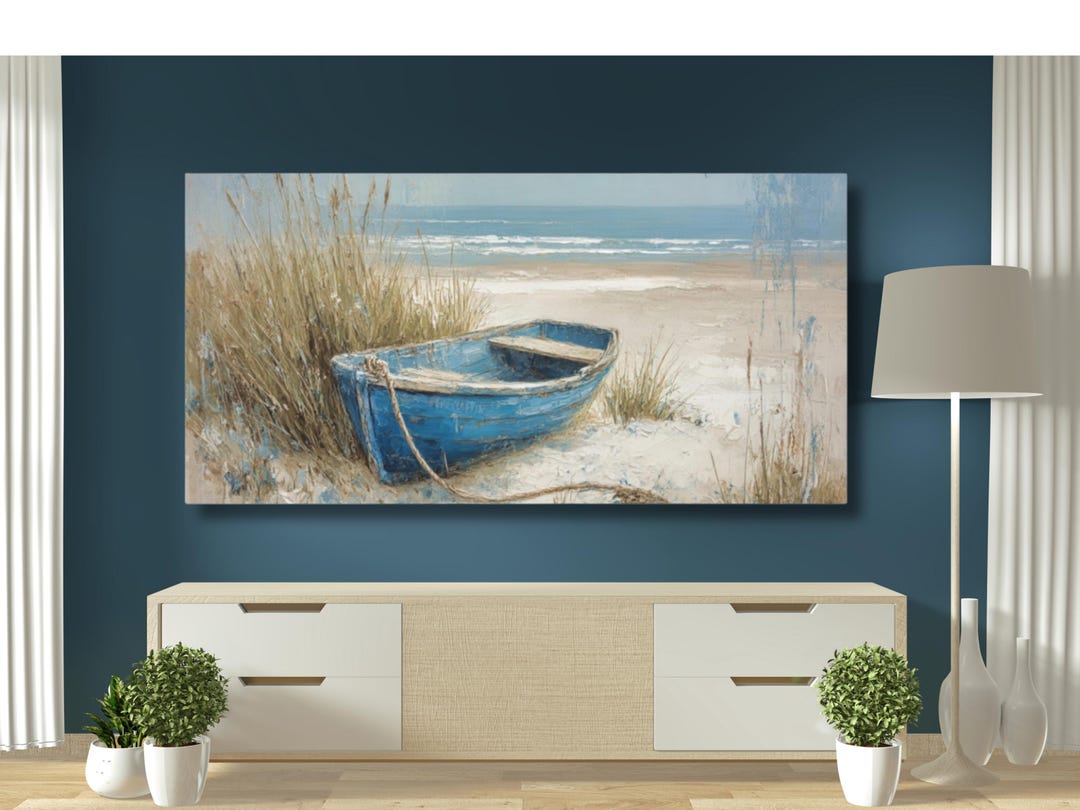 Coastal Blue Boat Canvas Wall Art, Beach Scene Painting With Ocean View ...