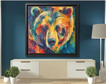 Colorful Bear Wall Art – Vibrant Animal Canvas Print, Bold Modern Wildlife Decor, Abstract Bear Painting for Cabin or Home