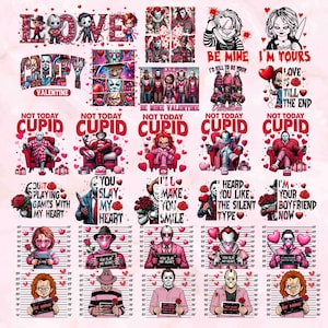 Paquete de más de 40 imágenes PNG de San Valentín con asesinos rosados, imágenes PNG de San Valentín de terror, imágenes PNG de personajes de películas de terror, imágenes PNG de San Valentín de pareja de terror, diseño de sublimación