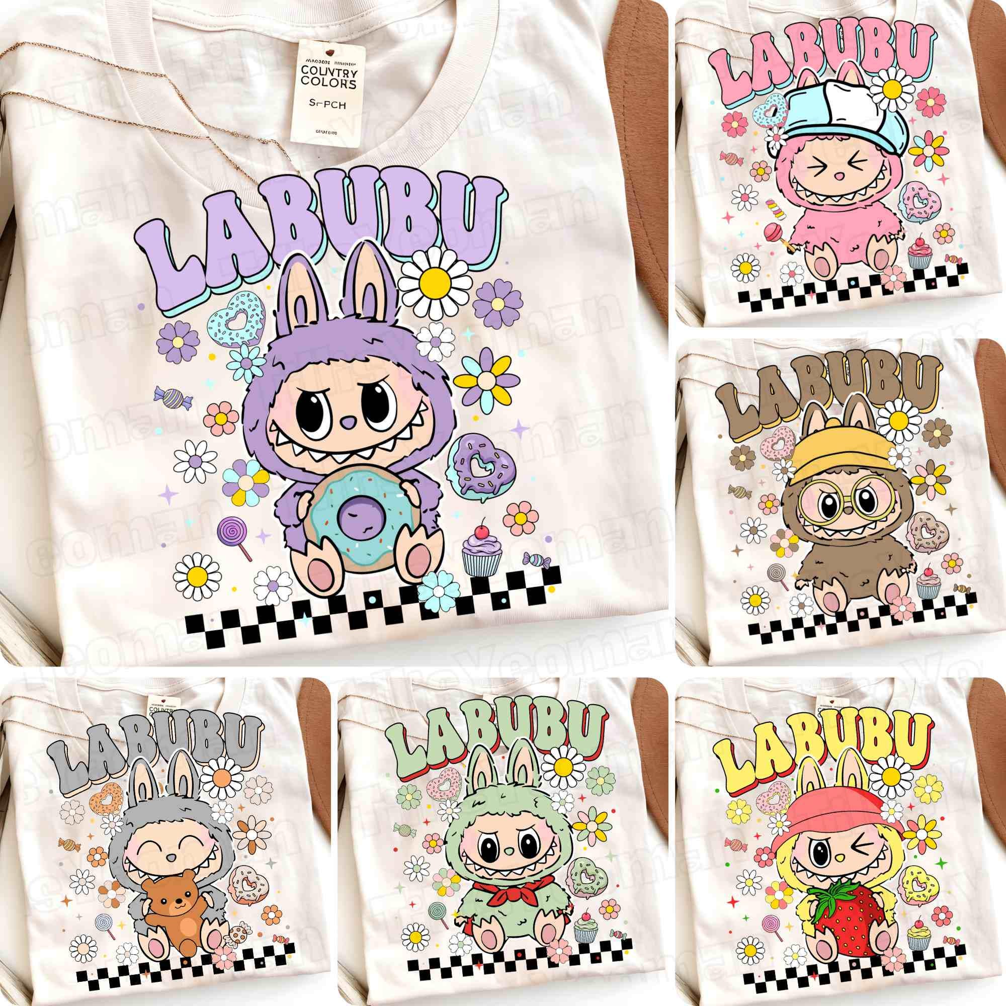 Checkered Labubu Matching Shirt Design PNG Bundle | Kawaii Cute Digital Stickers | Cute Labubu Png | Labubu Figures Art | Labubu Png Clipart