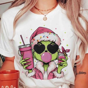 Pink Grichmas Christmas Blowing Bubble PNG, Vintage Christmas Grichmas Png Santa Sunglasses, Girly Grinc Boujee Xmas Png, Girly Christmas