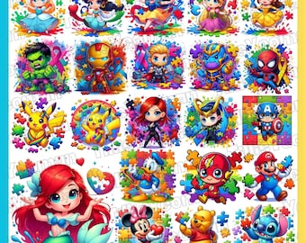 Dis ney Autism PNG Bundle, Princess Autism Png, Cartoon Autism Awareness Png, Mouse and Friends Autism Png, Autism Pika chuu Png, Superhero