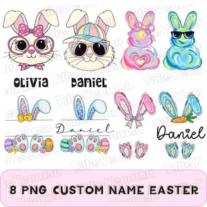 Pacchetto PNG con fiocco di Pasqua con nome personalizzato, coniglietto divertente con occhiali PNG, maglietta di Pasqua con nome personalizzato per bambini, nome personalizzato di Pasqua PNG