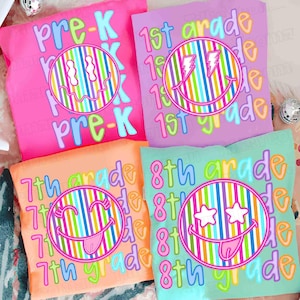Neon Back to School Smiley PNG Bundle, Trendy Kindergarten Pre-K 1st 2d 3d 4th Grades Png, Coquette First day Hand Drawn Teacher Girl