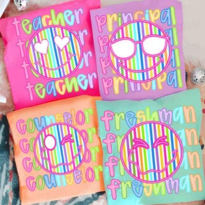 Neon Back to School Smiley Teacher PNG Bundle, Trendy Teacher Principal Counselor Png, Coquette Freshman Hand Drawn Teacher Girl Boy