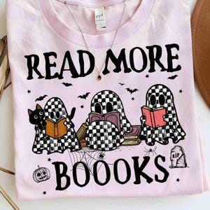 Read More Boooks Png, Checkered Ghost Reading Book, Book Lover Halloween, Retro Halloween Png, Boo Halloween, Bookworm Png,Teacher Halloween