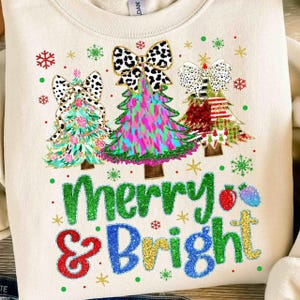 Colorful Merry And Bright Glitter PNG, Colorful Coquette Glitter Christmas Png, Dalmatian Dots Bow Print, Christmas Tree Coquette Bow Png