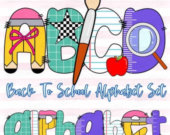 Preppy Back to School Alphabet PNG Bundle, Pencil School Doodle Alpha Font, Teacher Font Png, Hand-drawn Coquette Letter, Back To School