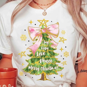 Girly Christmas Tree PNG, Colorful Coquette Glitter Christmas Png,Dalmatian Dots Bow Print, Joy Hope Love Peace Merry Christmas Coquette Png