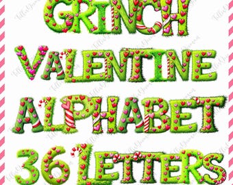 36 Letters Grinch Valentine Alphabet Png, Valentine Doodle Png, Grinch Font Png, Grinch Alphabet Png, Valentine Alphabet Png Happy Valentine