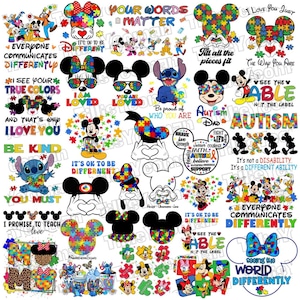 Mouse and Friends Autism PNG Bundle, Mouse Head Autism Png, Stitch Autism Png, Dis ney It's Okay To Be Different Png, Cartoon Autism Png