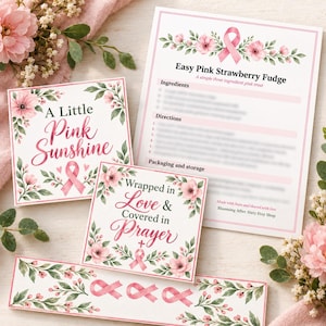 May include: A collection of printed cards featuring pink floral illustrations and pink awareness ribbons. One card is titled Easy Pink Strawberry Fudge, another reads A Little Pink Sunshine, and a third says Wrapped in Love & Covered in Prayer.