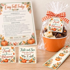 May include: An orange paper cup filled with fudge cubes in a clear plastic bag tied with an orange gingham ribbon and a tag reading A Little Treat & A Whole Lot of Blessings. Includes a recipe card, two square tags, and a rectangular bookmark.
