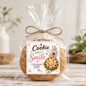May include: A round, golden-brown cookie packaged in a clear plastic bag tied with a brown twine bow. A square white label features the text A Cookie AND A Smile, A little sweetness to brighten your day, with pink flowers and a smiling cookie graphic.