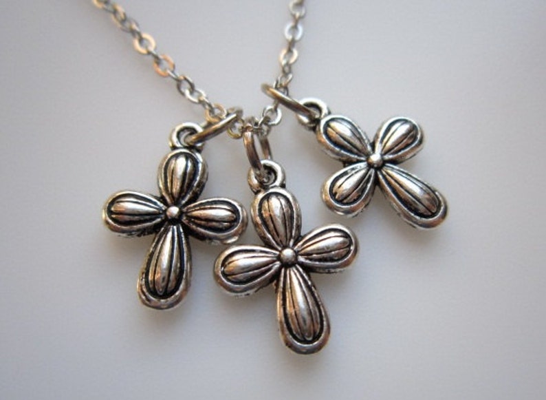 Triple Crucifix Three Cross Charm Necklace in Silver Finish