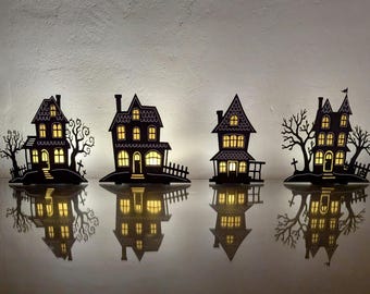 Spooky Haunted Halloween Village #2 - COMPLETE SET with LED tea lights (7" Tall).  Retro Gothic Halloween Decorations.  Indoor Luminary.