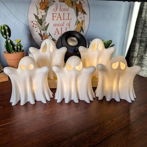 Halloween Ghosts, 5 Unique Ghosts & LED tea lights.  Fun indoor Halloween party decorations. SAVE 25% vs 5 individual ghosts. Cool Goth gift