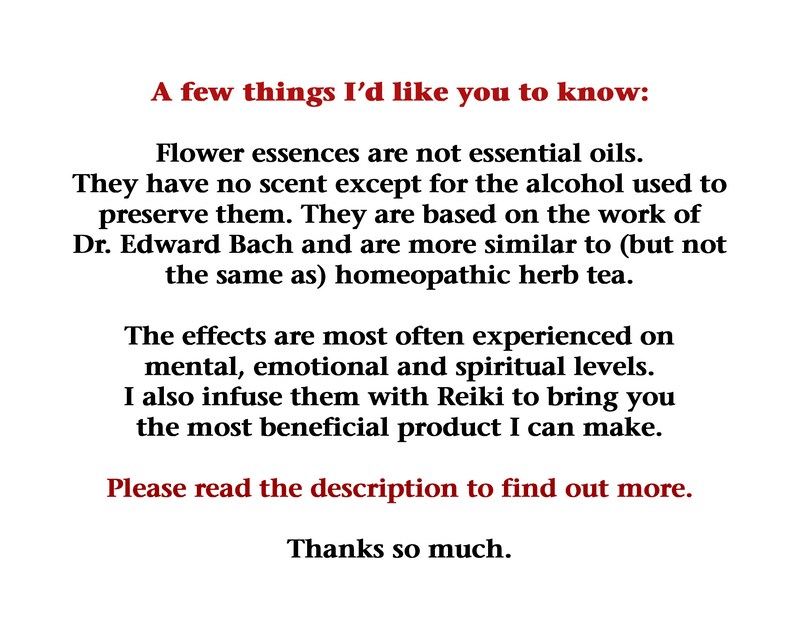 Pu&ograve; includere: Testo su sfondo bianco che spiega che le essenze floreali non sono oli essenziali, ma si basano sul lavoro del Dr. Edward Bach e sono simili alle tisane omeopatiche. Il testo spiega anche che gli effetti delle essenze floreali si sperimentano a livello mentale, emotivo e spirituale. Il testo conclude dicendo che le essenze floreali sono infuse con Reiki per fornire il prodotto pi&ugrave; benefico possibile. Il testo incoraggia il lettore a leggere la descrizione per saperne di pi&ugrave;. Il testo termina con "Grazie mille."