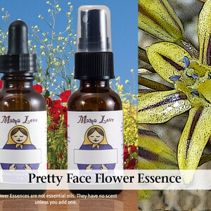May include: Two amber glass bottles with dropper and spray tops. The bottles are labeled "Mama Love" and contain a flower essence called "Pretty Face Flower Essence". The text below the bottles reads "Flower Essences are not essential oils. They have no scent unless you add one."