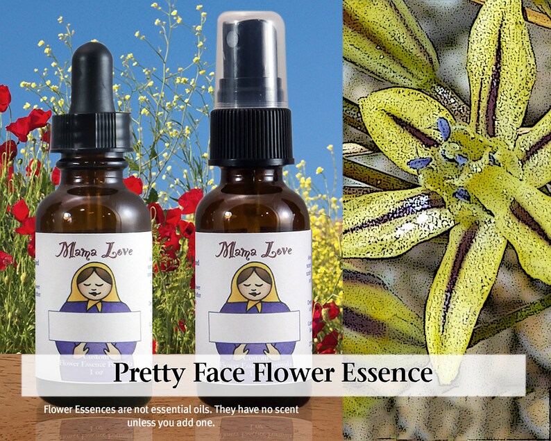 May include: Two amber glass bottles with dropper and spray tops. The bottles are labeled "Mama Love" and contain a flower essence called "Pretty Face Flower Essence". The text below the bottles reads "Flower Essences are not essential oils. They have no scent unless you add one."