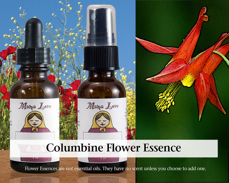 Pu&ograve; includere: Due bottiglie di vetro marrone con tappi a goccia e spray. Le bottiglie sono etichettate "Mama Love" e contengono essenza di fiore di aquilegia. Il testo "Le essenze floreali non sono oli essenziali. Non hanno profumo a meno che non si scelga di aggiungerne uno." &egrave; sotto le bottiglie. Un fiore di aquilegia rosso &egrave; sullo sfondo.