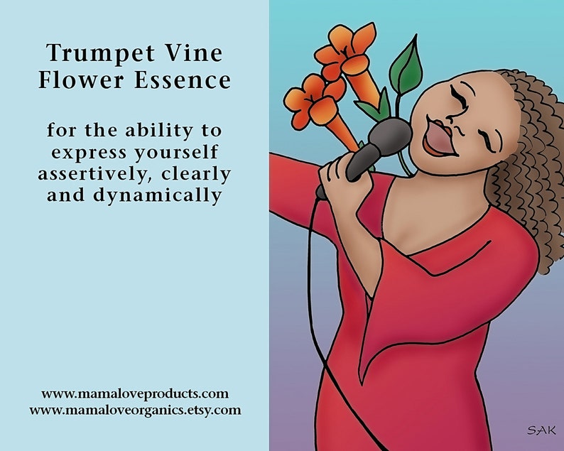 May include: Illustration of a woman singing into a microphone, holding trumpet vine flowers. The image includes text: "Trumpet Vine Flower Essence for the ability to express yourself assertively, clearly and dynamically."