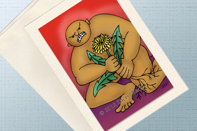 May include: A cartoon illustration of a person holding a dandelion with a red, purple, and green background. The text "2012 Sheryl Kauff" is in the bottom right corner of the image.